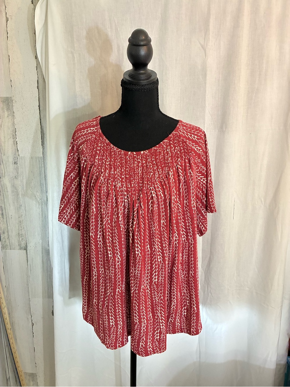 Lucky Brand Red Patterned Short-Sleeve Peasant Top
